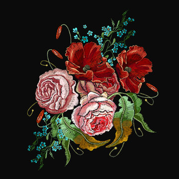 Embroidery pink poppies and red roses flowers. Fashionable template for design of clothes, t-shirt design. Summer garden art