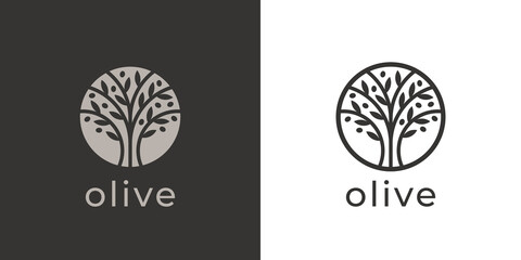 Olive tree logo. Extra virgin olive oil label icon. Tree of life symbol. Organic branch brand identity. Plant leaf sign. Vector illustration.