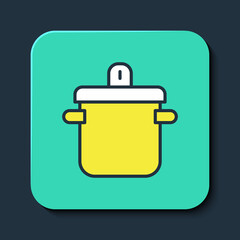 Filled outline Cooking pot icon isolated on blue background. Boil or stew food symbol. Turquoise square button. Vector