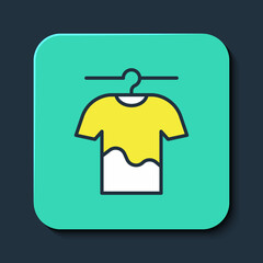Obraz premium Filled outline Drying clothes icon isolated on blue background. Clean shirt. Wash clothes on a rope with clothespins. Clothing care and tidiness. Turquoise square button. Vector