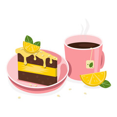 Mug of hot tea and a plate with chocolate-lemon slice of cake. Decoration with lemon and leaves. Vector graphic.	