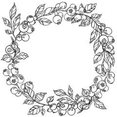 Berries wreath. Outline black and white graphics for card, invitation