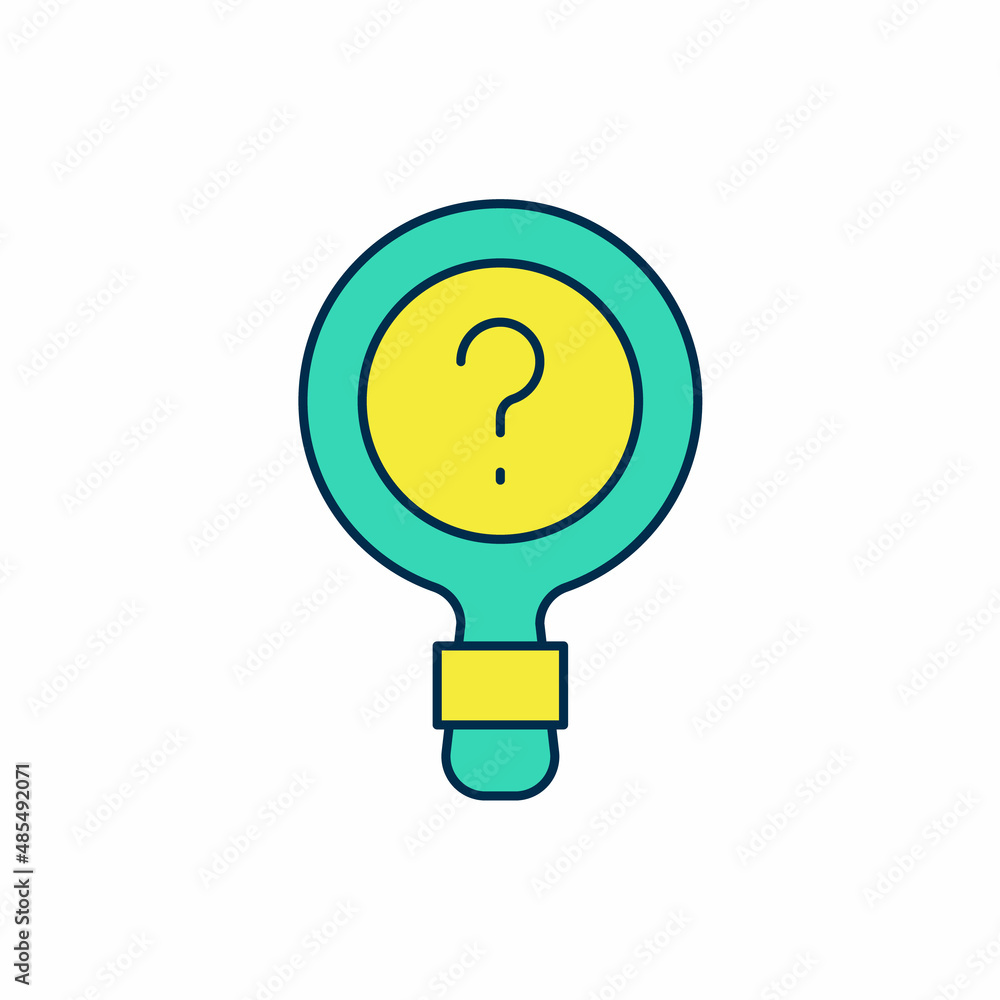 Poster filled outline unknown search icon isolated on white background. magnifying glass and question mark.