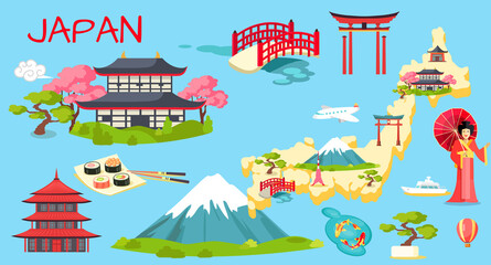 Travel Japan infographic, Japan lettering and famous landmarks. Discover East Asia concept. Japan landscape flat cartoon illustration. Beautiful mountain, forest, ancient building banner design - obrazy, fototapety, plakaty