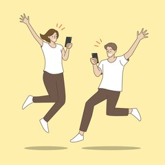 Fototapeta na wymiar Men and women holding smartphones jumping and happy. Hand draw style. Vector illustration.