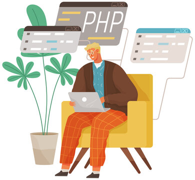 Programmer engineering and coding. Coder programmers working on web development on computer. Concept of script coding and programming in php, javascript, python, other languages. Software developers