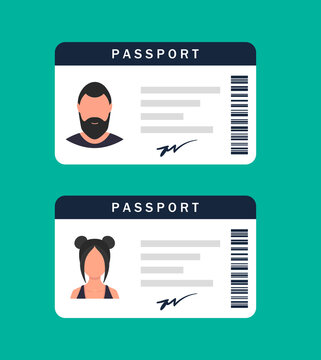 Woman and man plastic passport, ID cards, car driver licences with male and female photo. ID card, identification card, drivers license, identity verification, person data. Vector symbol