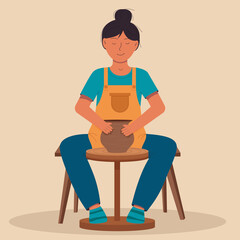 Woman making ceramics on a pottery wheel. Pottery workshop, pottery hobby. Ceramic craft master. Ceramic kitchenware. Cute handmade ceramic plates, mugs, sugar bowl, teapots, dishes. Flat vector