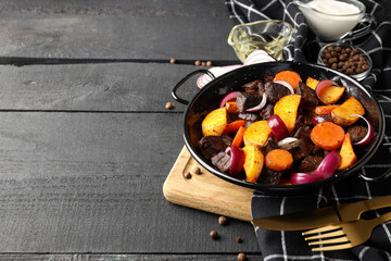 Concept of tasty food with beef with vegetables, space for text