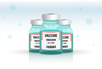 Covid-19 vaccine B.1.1.529. Vaccine against omicron virus. Three vials of vaccine. Vector image with realistic shadow