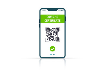 Certificate of vaccination on mobile phone screen with qr-code and pass check mark vaccinated. Vector image