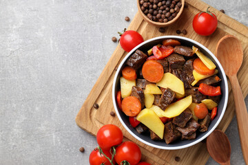 Concept of tasty food with beef with vegetables, space for text