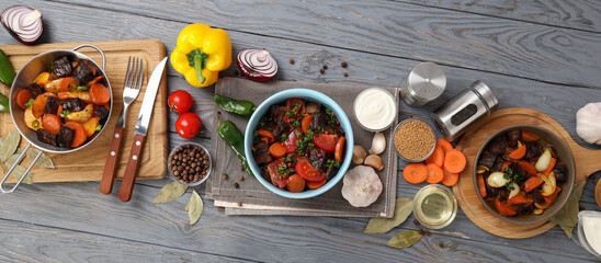 Concept of tasty food with beef with vegetables, top view