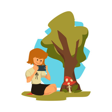 Girl taking picture of mushroom with her phone, flat vector illustration isolated on white background.