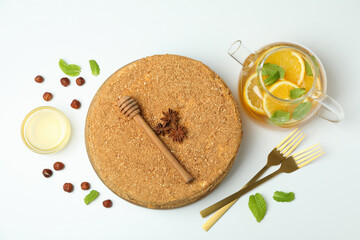 Concept of tasty dessert with honey cake, top view