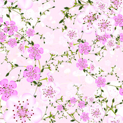 Seamless background pattern of branches pink Japanese cherry flower on pink background in a random arrangement square format suitable for textile. Sakura floral texture, EPS 10 vector