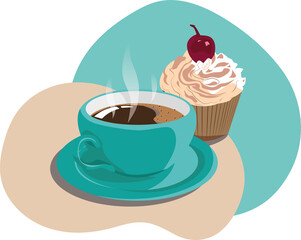 Delicious breakfast: a cup of hot coffee and a cupcake with cream and a cherry on top for the design of a website or a social network
