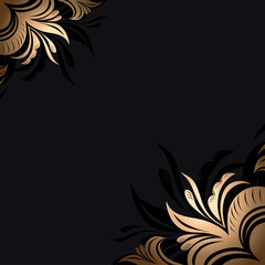 Fototapeta premium Black background with elegant stylized golden flowers in the corners, a template for covers, postcards, congratulations, invitations to events, advertising in fashion, cosmetology, floristry. Vector