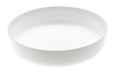 one round white plate or dish large and detailed on a white background, real photo of isolated object, side view