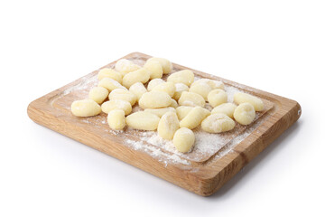 Fototapeta na wymiar Board with raw potato gnocchi isolated on white background