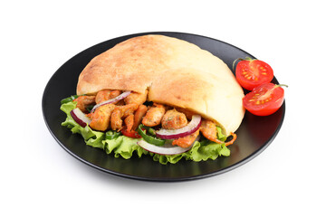 Plate with pita with chicken isolated on white background