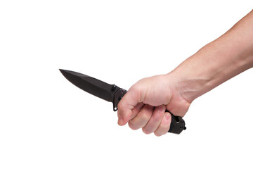 Tactical folding knife in bare hand on white background.Assault and self defense.
