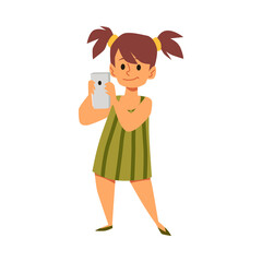 Cute girl taking pictures with mobile phone, flat vector illustration isolated on white background.