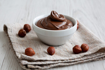 Homemade Chocolate Hazelnut Spread in a Bowl, side view.