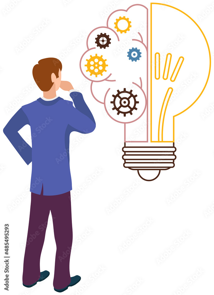 Poster concept of great idea. man has good notion. solution of problem, creative thinking, new startup. ide