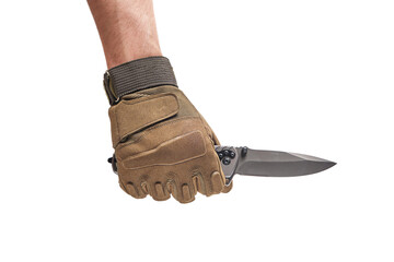 Hand in tactical glove, holding folding knife, on white background.