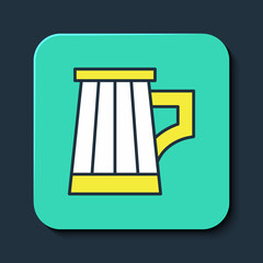 Filled outline Wooden beer mug icon isolated on blue background. Turquoise square button. Vector