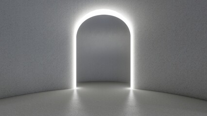 Interior background light arched opening in empty room 3d rendering
