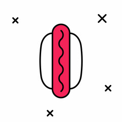 Filled outline Hotdog sandwich with mustard icon isolated on white background. Sausage icon. Fast food sign. Vector