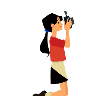 Teenage girl taking pictures with professional camera, flat vector illustration isolated on white background.