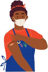 Young woman wearing protective mask showing her arm with bandage after receiving covid-19 vaccine. Concept of vaccination, health, spread of vaccine, healthcare, call of fight against coronavirus