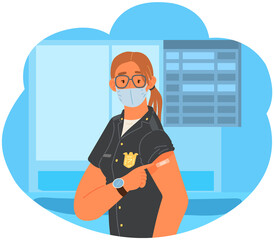 Young woman wearing protective mask showing her arm with bandage after receiving covid-19 vaccine. Concept of vaccination, health, spread of vaccine, healthcare, call of fight against coronavirus