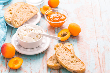 Cottage cheese with ciabatta, fresh fruits and marmalade for breakfast
