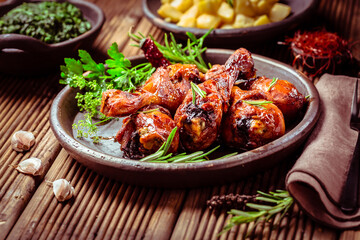 Marinated chicken drumsticks with baked potatoes and spinach