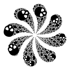 Skull icon swirl twist flower salute shape. Flower centrifugal explosion done using scattered skull items.
