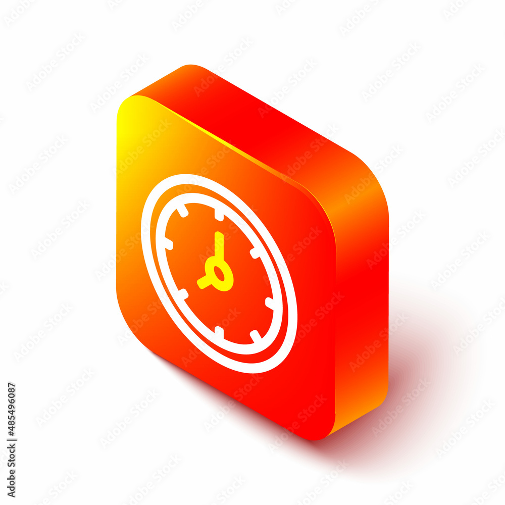 Poster isometric line clock icon isolated on white background. time symbol. orange square button. vector