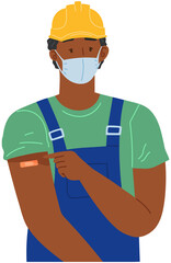 Fototapeta na wymiar Stop coronavirus agitation concept. Vaccination promo, immunization of workers. Vaccine saves lives. People wearing protective mask showing their arm with bandage after receiving covid-19 vaccine