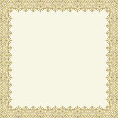 Classic vector vintage square frame with arabesques and orient elements. Abstract Golden and yellow ornament with place for text. Vintage pattern