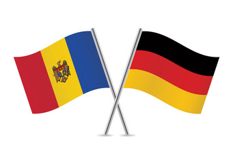 Moldova and Germany crossed flags. Moldovan and German flags isolated on white background. Vector illustration.