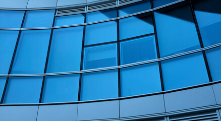 business building in city with mirror windows with reflections of blue sky.