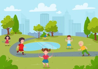 Obraz na płótnie Canvas Children doing sport workout in city park, cartoon flat vector illustration.