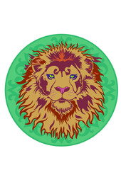 multi-colored decorative image of a lion head in the form of a mandala with ornaments and patterns