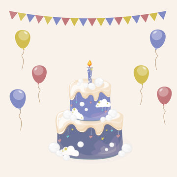 birthday cake, birthday card with cake and balloons, birthday blue cake