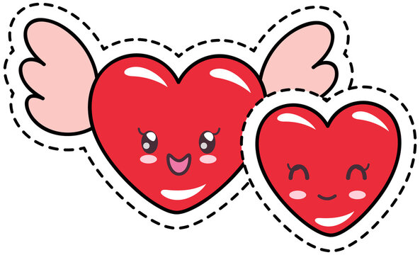 Cute heart emoji. Smiling face icon kawaii concept. Pair of red hearts with wings with cute smile. Cheerful cartoon funny face illustration. Japanese culture symbol anime innocence childishness love