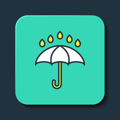 Filled outline Umbrella and rain drops icon isolated on blue background. Waterproof icon. Protection, safety, security concept. Water resistant symbol. Turquoise square button. Vector