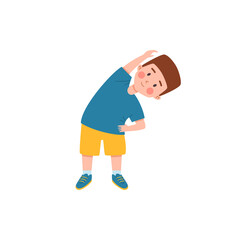 Child boy makes side bends, cartoon flat vector illustration isolated.